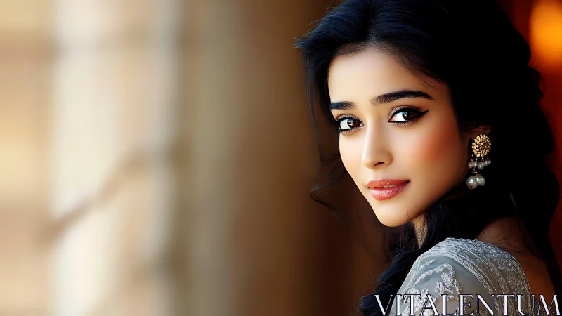 Softly lit portrait of an elegant woman in shimmering lace.