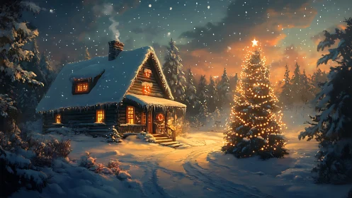 Snowy log cabin with lit Christmas tree at dusk