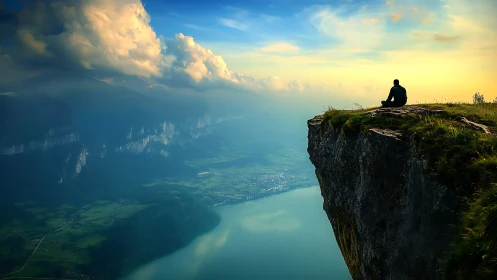 Solitary figure sits on cliff edge above valley and lake