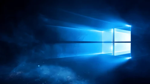 Luminous window logo casting radiant blue light rays.