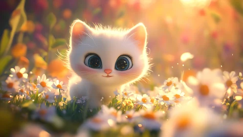 White Kitten Among Daisies in Warm Sunlight Setting
