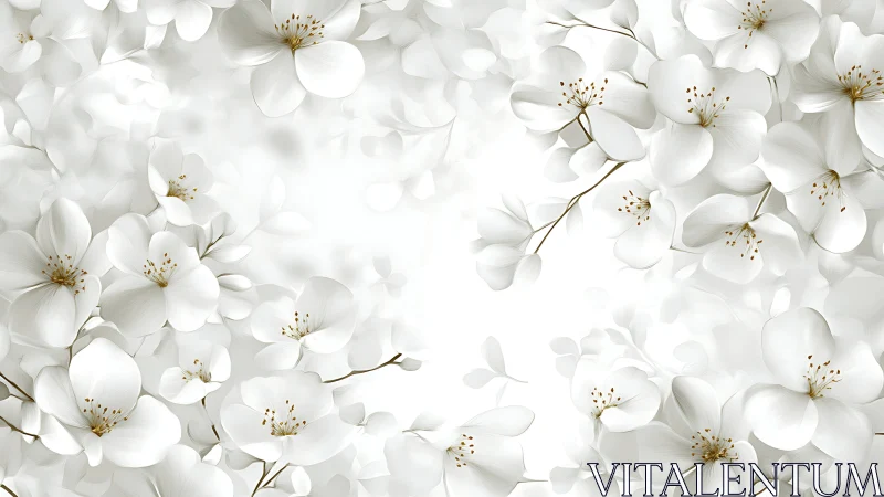 Delicate ivory blossoms dance gracefully across dreamy white space