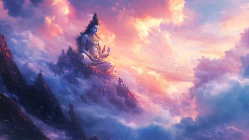 Skyborne deity meditates above twilight mountainscape