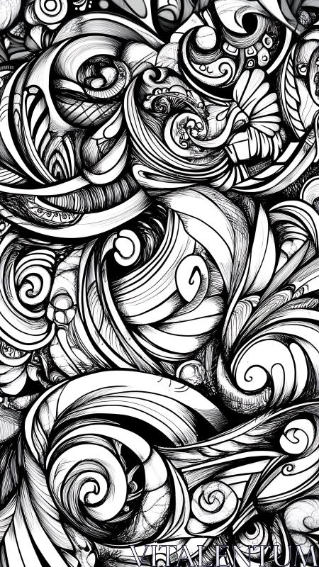 Whorling ink currents carve a monochrome ornamental storm.