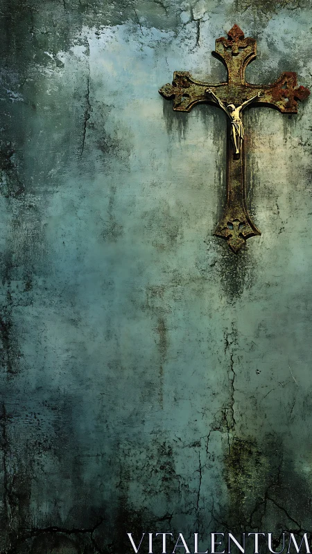 Textured crucifix on distressed teal concrete wall surface.