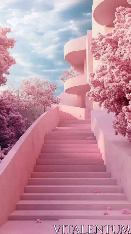Pink architectural stairway amid stylized flowering trees.