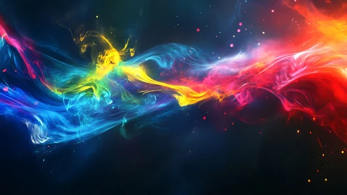 Neon color streams collide across deep cosmic void.