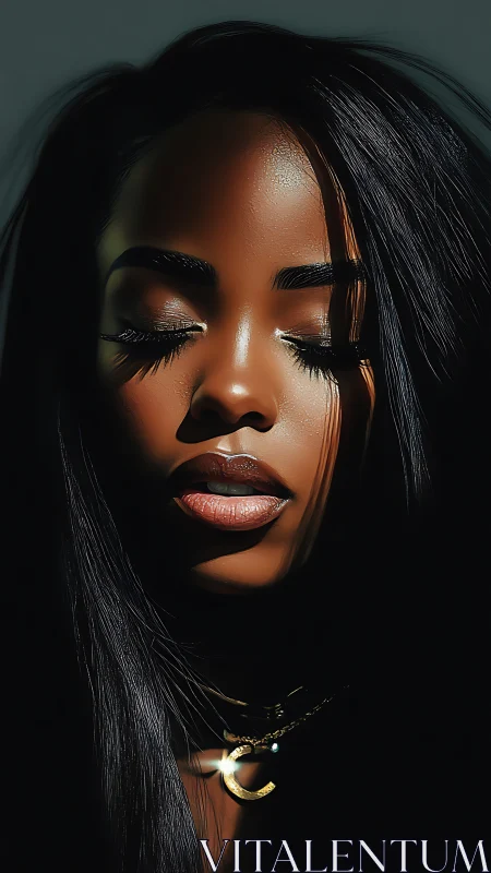 Portrait of woman in shadow with closed eyes and pendant.