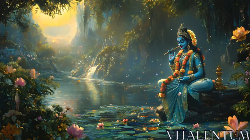 Divine blue figure plays flute beside a glowing sacred river