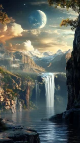 Epic alien waterfall valley under a looming blue planet.