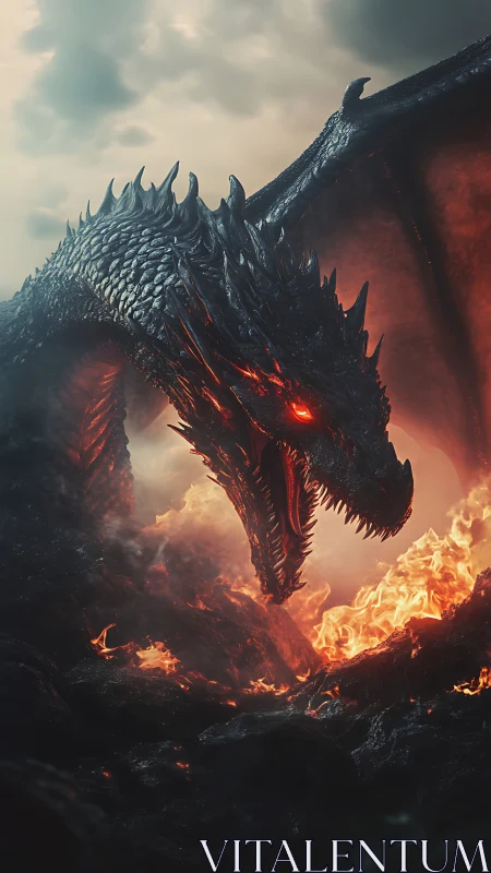 Volcanic black dragon roaring over molten lava field at dusk