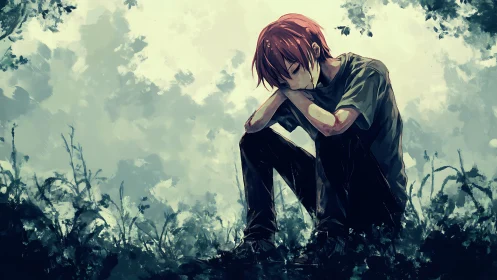 Solitary figure seated in overgrown outdoor vegetation zone.