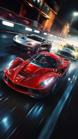 3D night street racing trio with dynamic motion perspective.