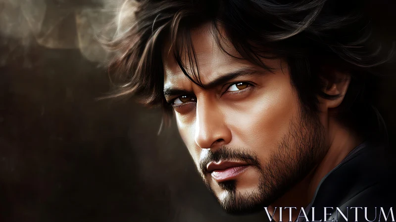 Brooding digital portrait captures intense male gaze in shadow