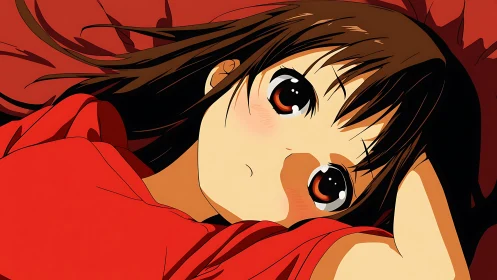 Anime girl lying on red surface in close-up profile view.