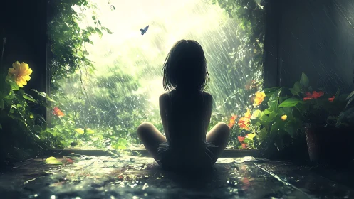 Silhouetted child observes garden rainfall through open doorway