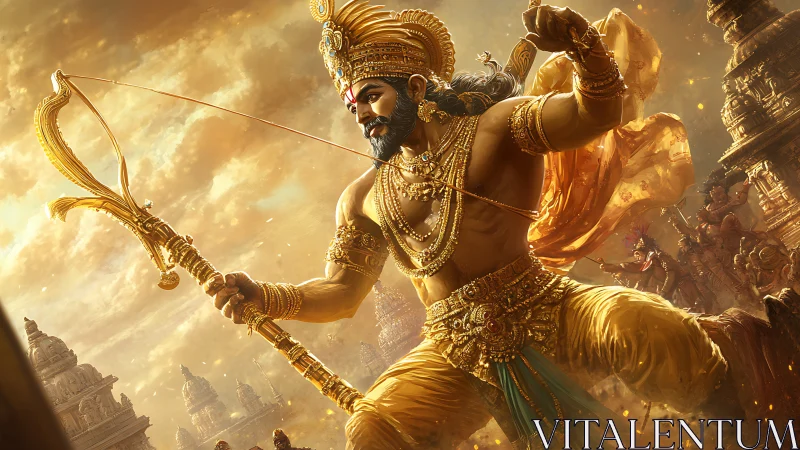 Mythic archer warrior in golden armor amid temple battleground