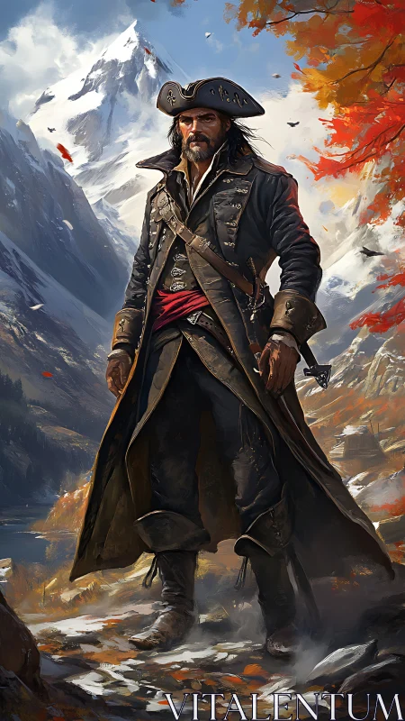 Weathered mountain adventurer standing in autumn light.