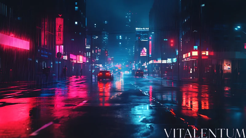 Cyberpunk rain-soaked avenue with neon-lit vanishing point.