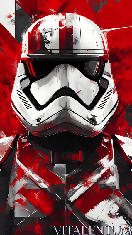 Crimson shockwaves collide around a battle-scarred trooper helm