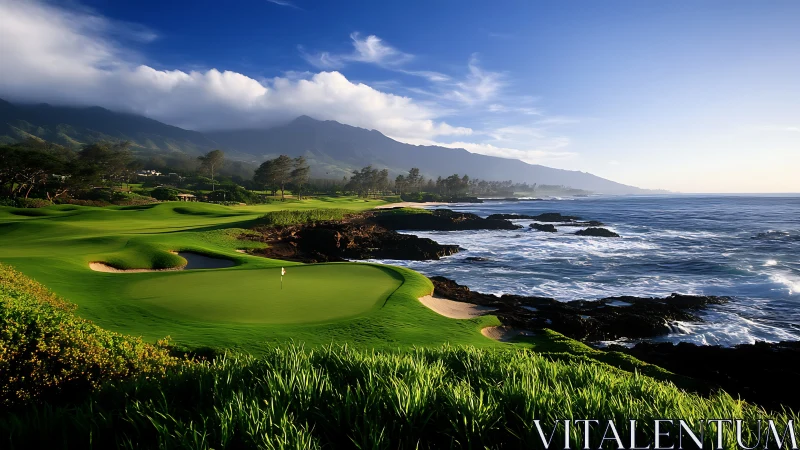 Oceanfront golf course under mountains at sunrise light.