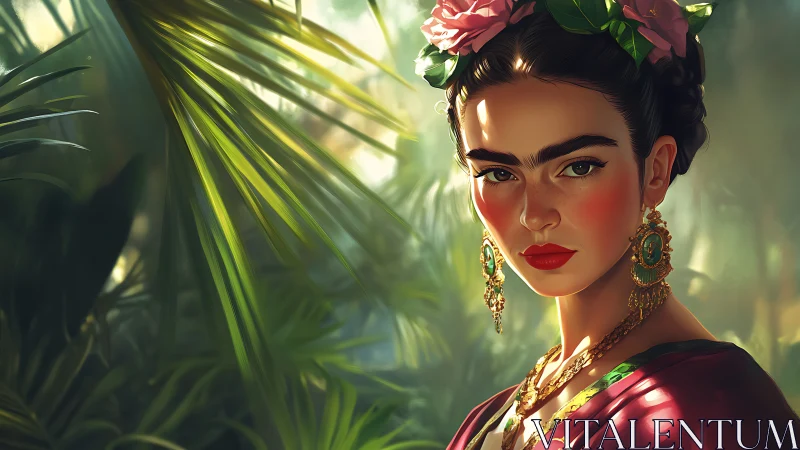 Portrait of woman in tropical foliage with ornate jewelry