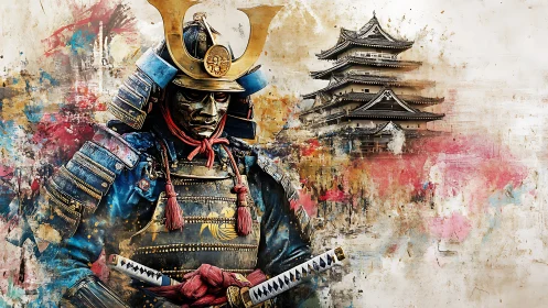 Samurai cuirass study against ink-splatter castle backdrop.