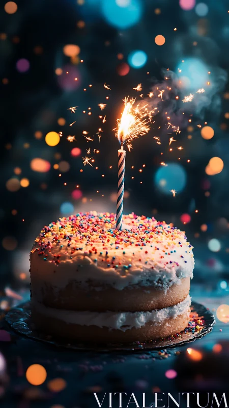 Multilayered Birthday Cake with Lit Sparkler Against Bokeh Particle Field