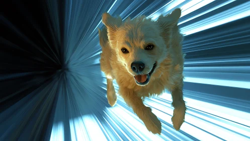 Canine figure in radial blue motion field, frontal view.