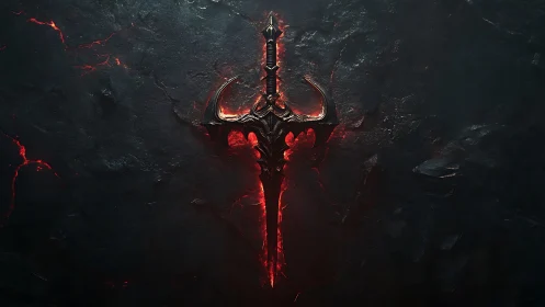 Dark metallic sword embedded in cracked glowing surface.