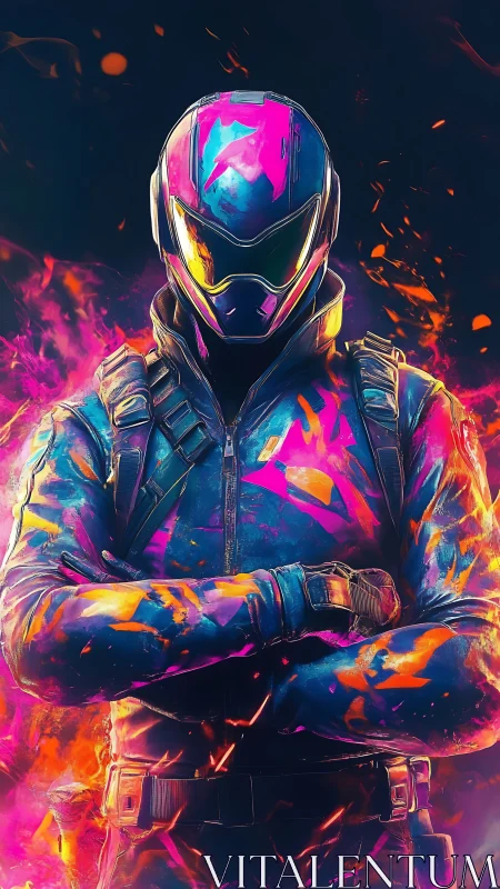 Neon armored operative in chromatic inferno digital painting.