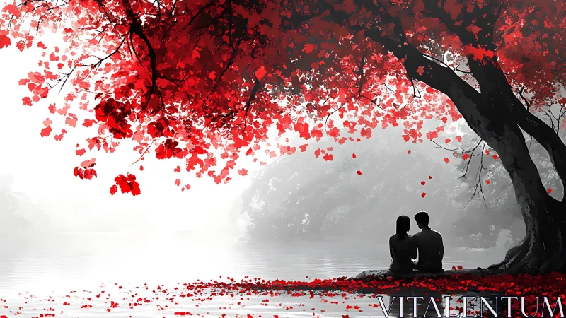 Love Under Crimson Branches: A Moment by the Water.