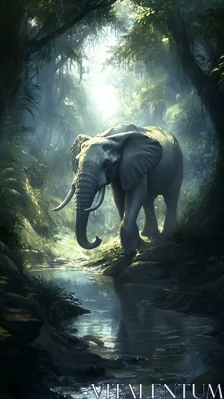 Elephant standing in shaded forest stream corridor environment.