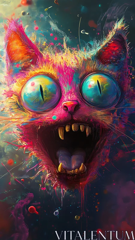 Neon cosmic cat yowls across a dripping galactic canvas