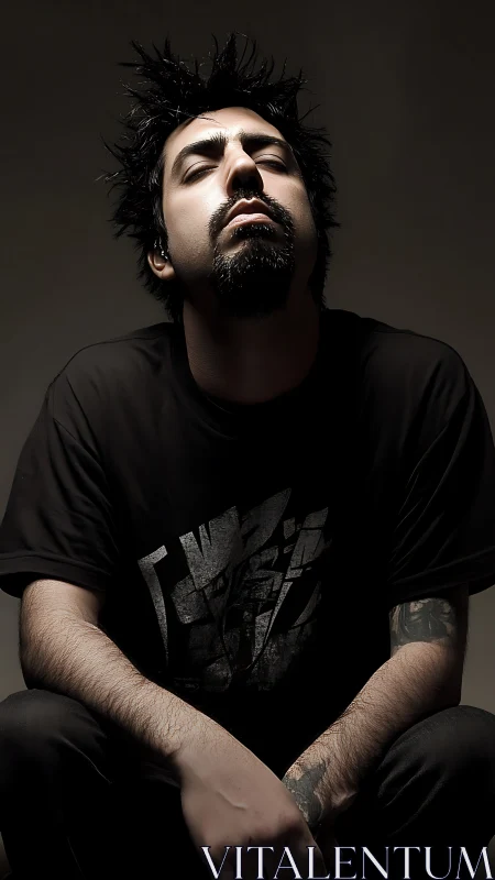 Low-key portrait of seated man with dramatic up-lighting pose.