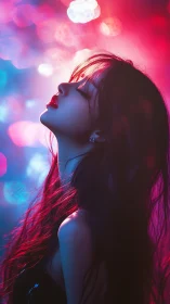 Dreamy neon portrait of a woman lost in soft city lights.