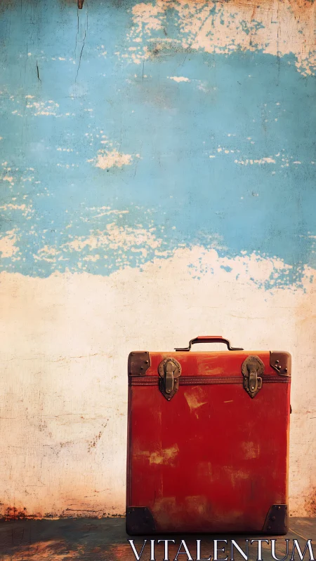 Weathered red suitcase against distressed blue wall.