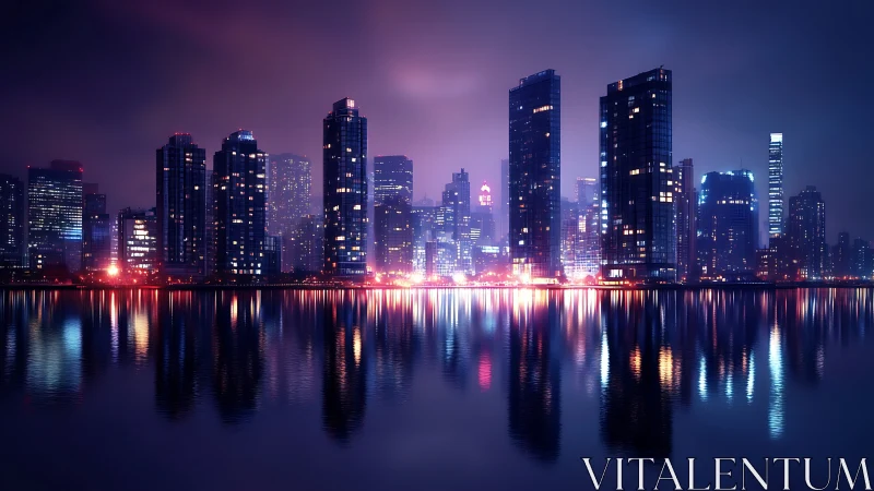 Midnight towers humming over neon-laced harbor glass.