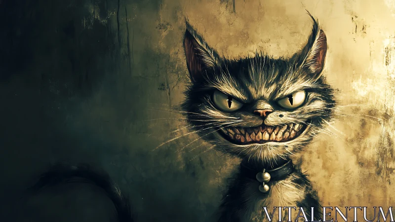 Grinning stylized cat portrait with sharp teeth and collar.