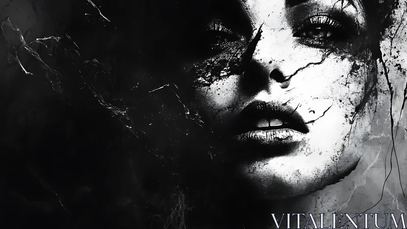Monochrome fragmented female portrait with splattered textures