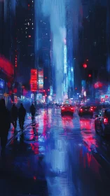 Rainy city street shows neon traffic, reflections, and silhouettes