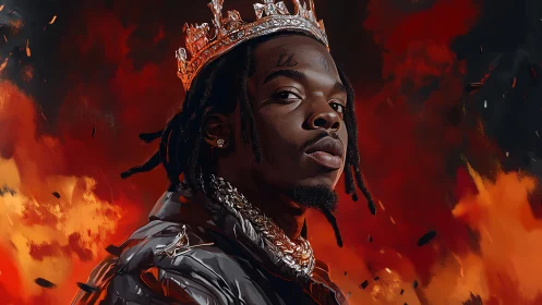 Digital portrait of crowned man in flames with metallic jacket