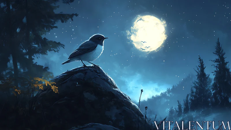 Songbird on Rocky Hill Under Full Moon in Tranquil Night Scene.