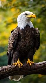 Bald eagle on branch against soft green yellow bokeh background.