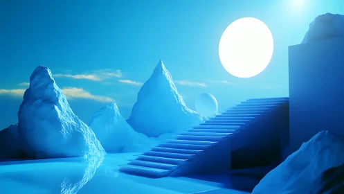 Frozen stairway ascends toward radiant polar moon