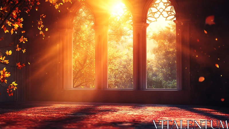 Digital painting of sunlit gothic arches with autumn glow.