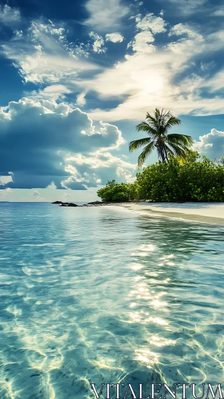 Tropical Island Beach with Palm Tree Under Blue Sky