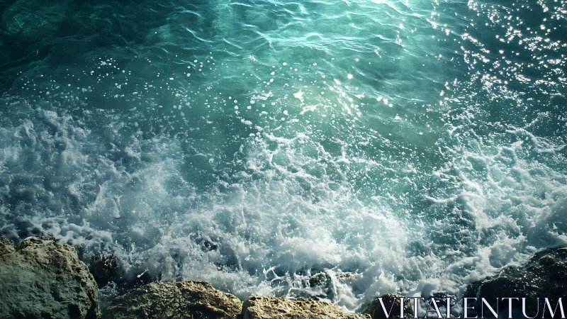 Sunlit turquoise waves crash hard against rugged coast.