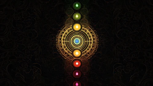 Radiant chakra mandala glowing in a cosmic dark embrace.