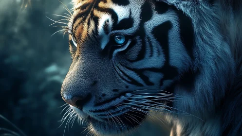 Blue-eyed tiger gazes through shadowed forest light in silence
